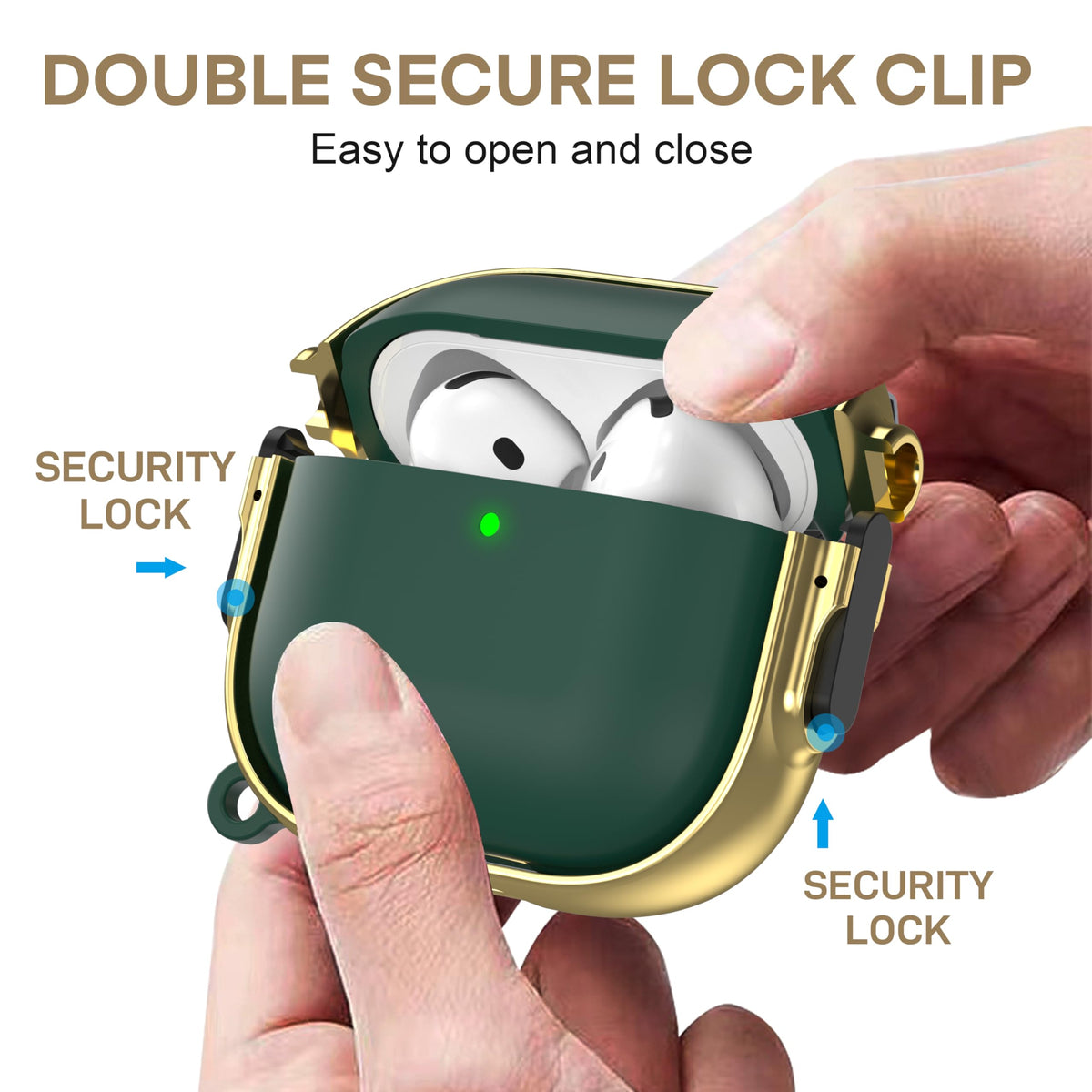 Maxjoy AirPods 4 case lock closeup with quick-release mechanism