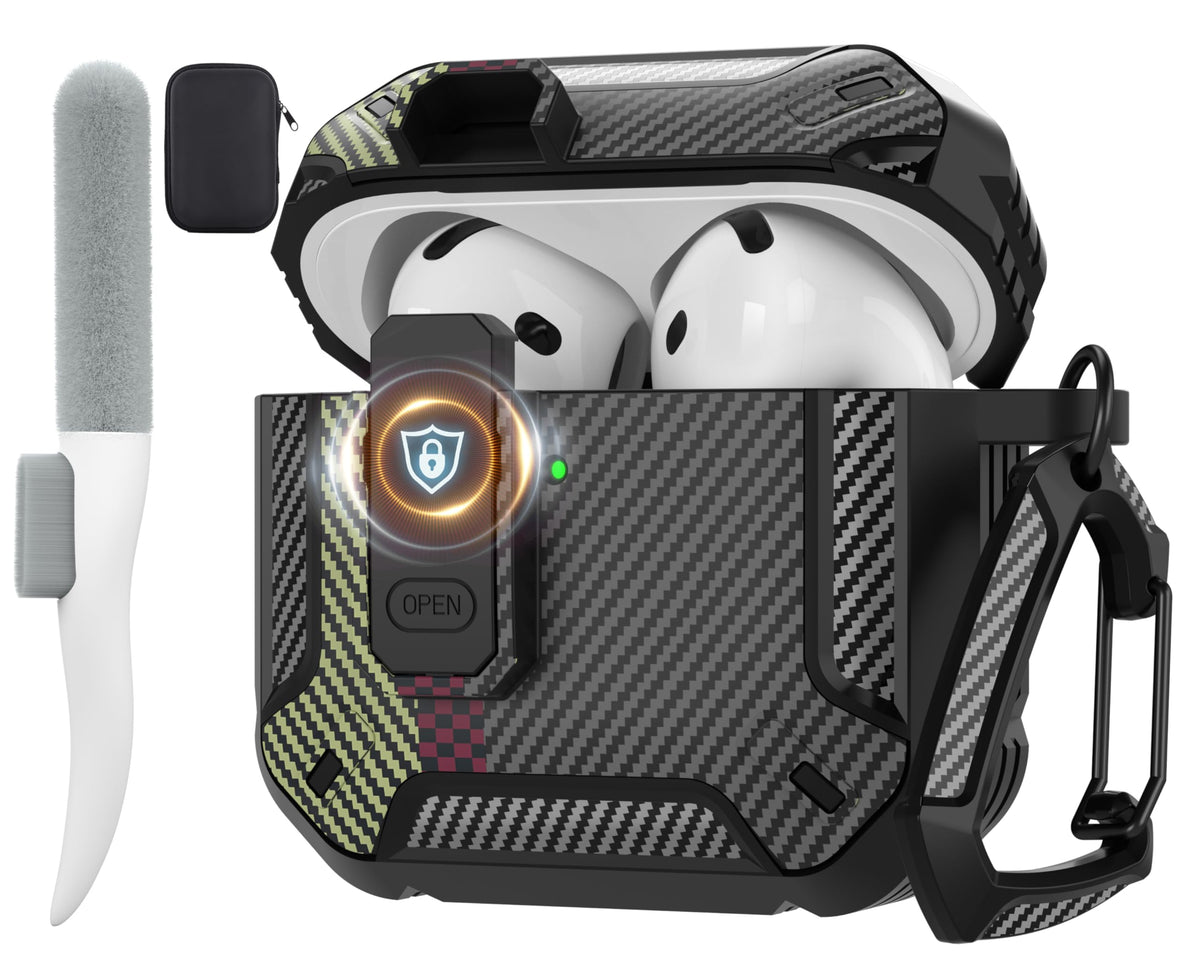 Maxjoy AirPods 4 case with lock front view showing carbon fiber gray finish and secure fit