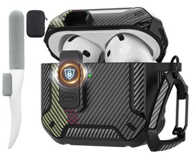 Maxjoy AirPods 4 case with lock front view showing carbon fiber gray finish and secure fit