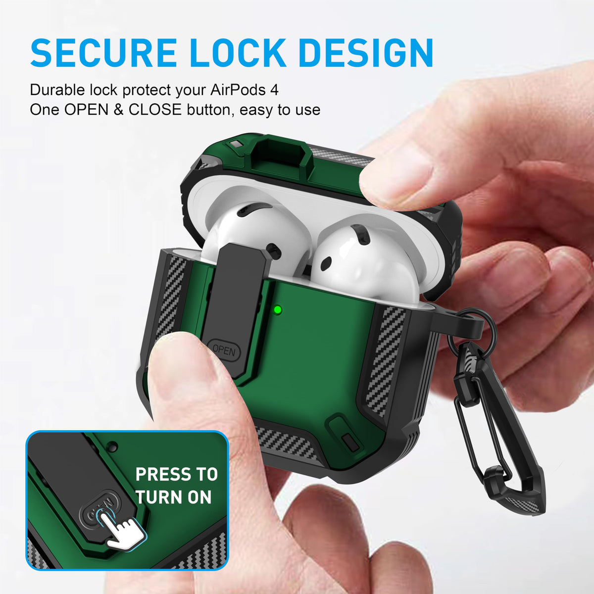 Maxjoy AirPods 4 case, side clip view, secure access while carrying.