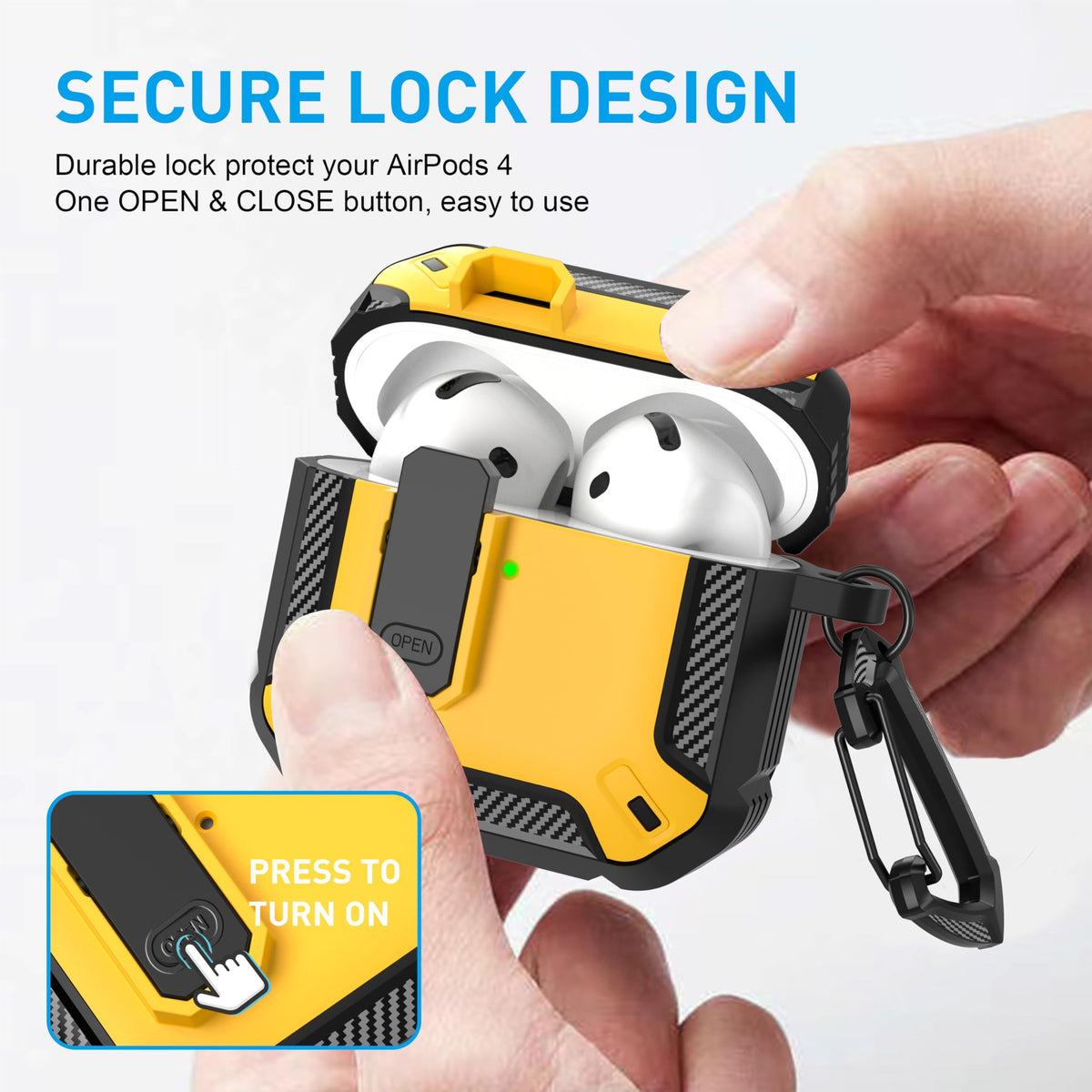 Maxjoy AirPods 4 Case with Lock, back view highlights anti-slip texture for secure handling