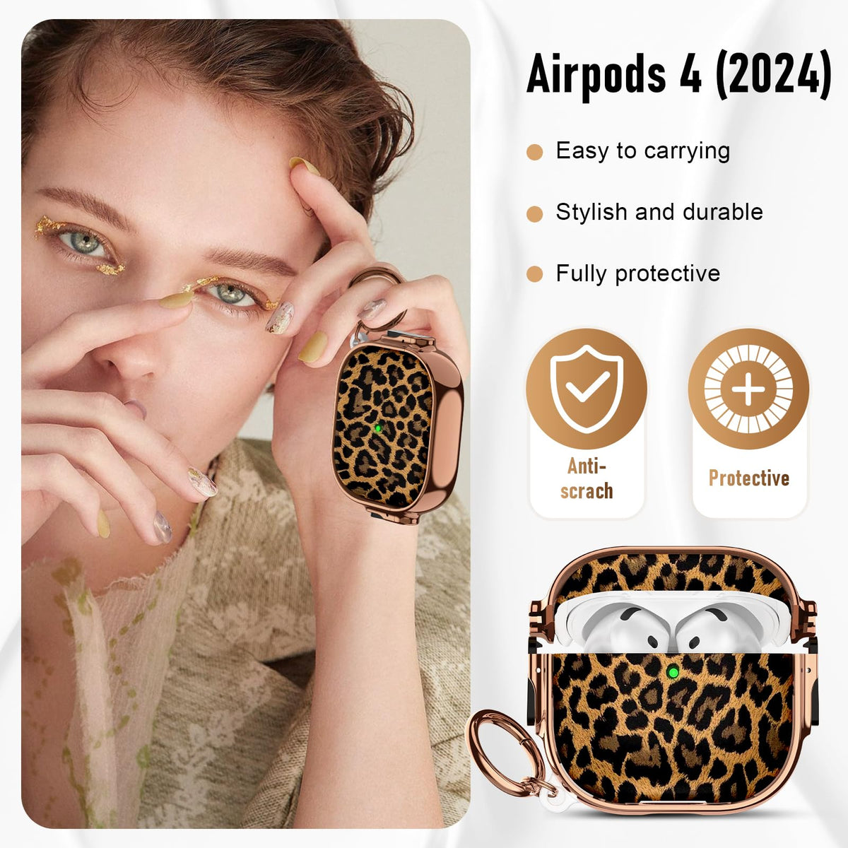 Maxjoy AirPods 4 leopard gold case with metal carabiner