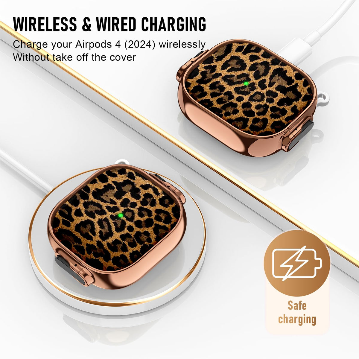 Maxjoy AirPods 4 leopard gold case side view with carabiner