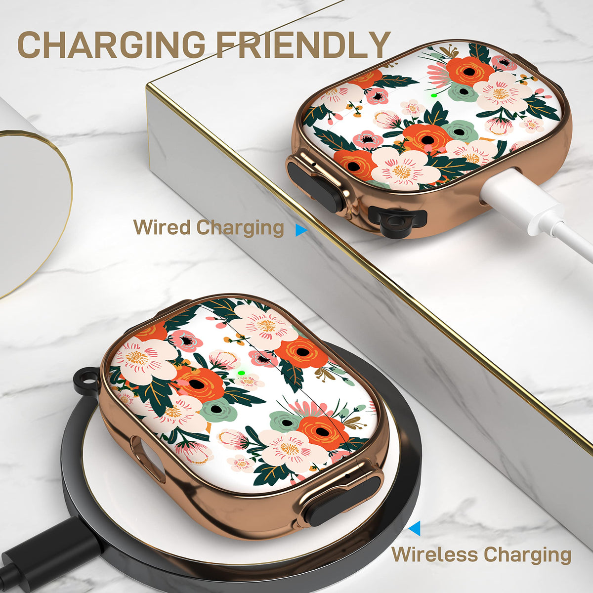 Maxjoy floral AirPods Pro case charging port access without removal.