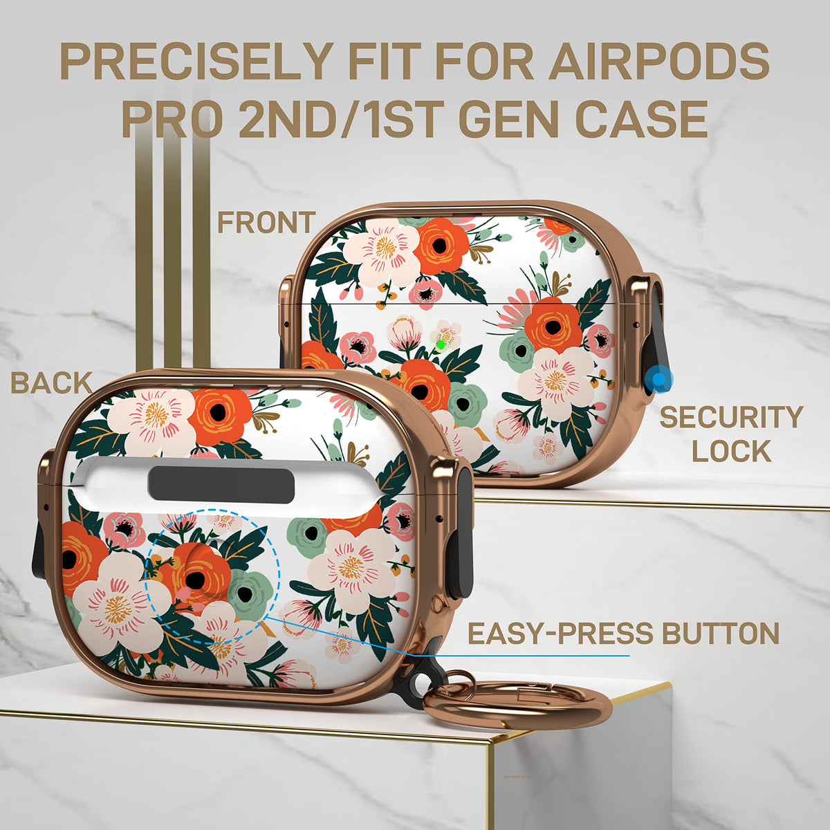 Maxjoy floral AirPods Pro case with carabiner keychain for travel.