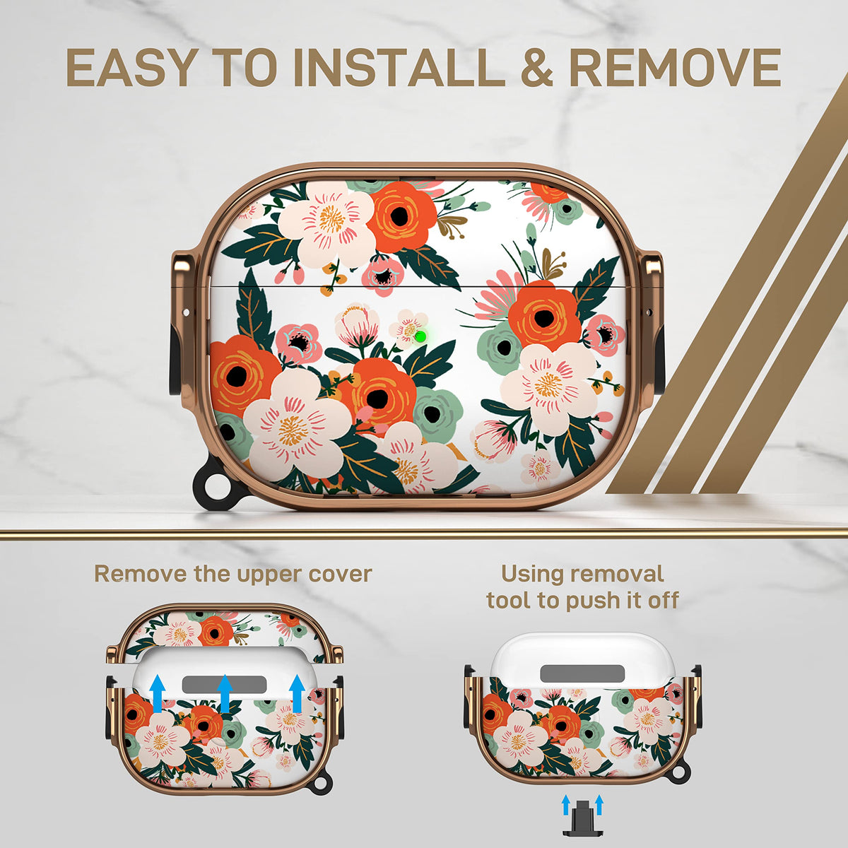 Maxjoy floral AirPods Pro case pairing button access for easy setup.