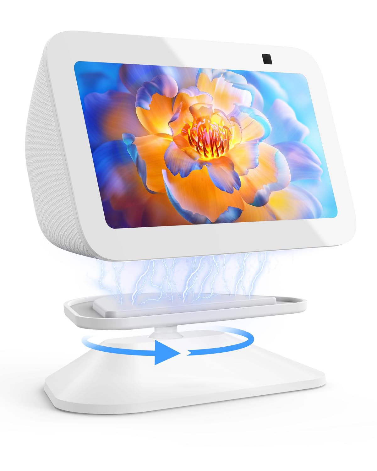 Maxonar front view showing clean white stand and Echo Show 5, stable viewing