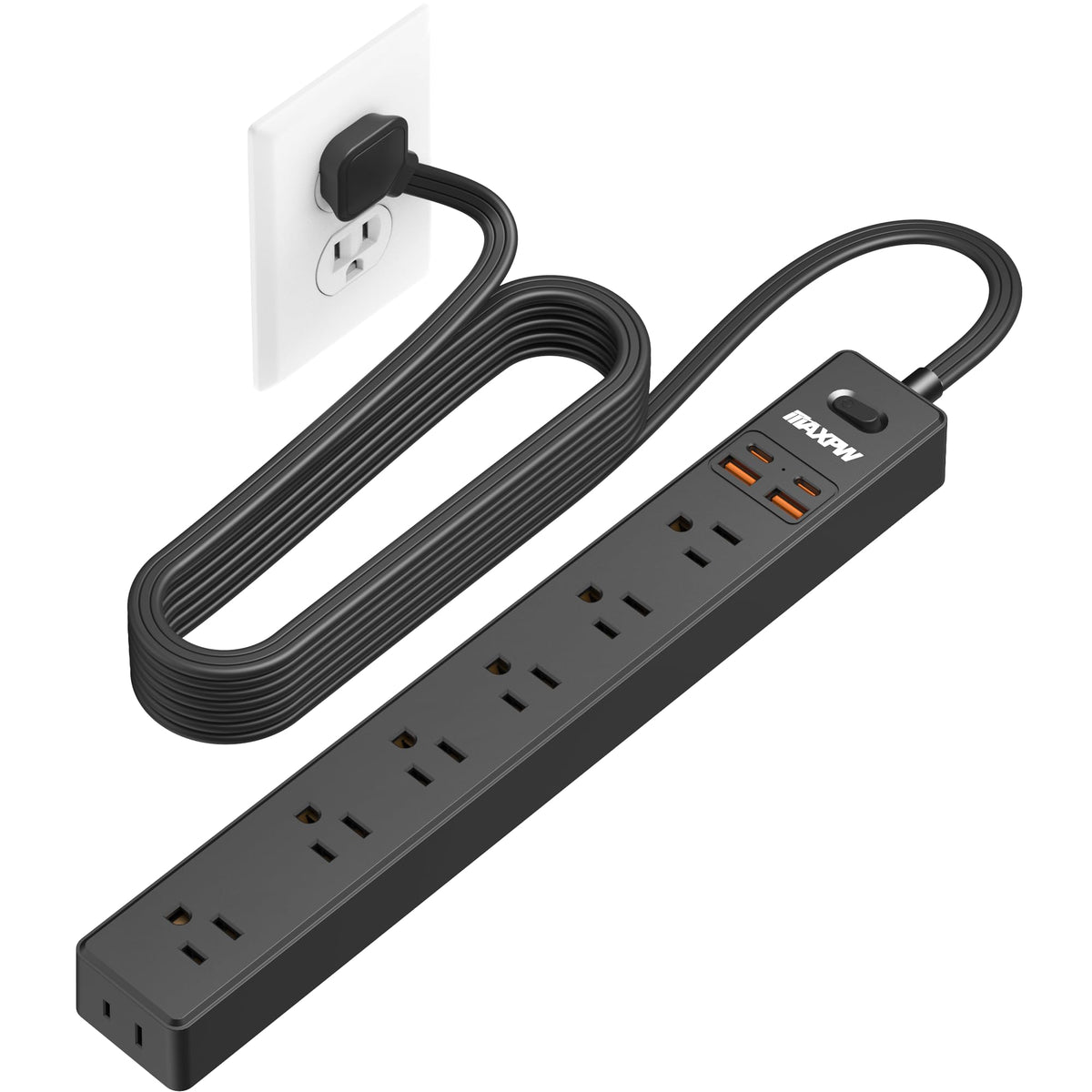 Maxpw 10 ft power strip with flat plug extends reach for tidy desks.