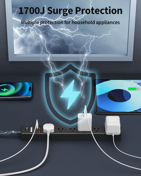Maxpw 1700 Joules surge protection guards connected devices against spikes.