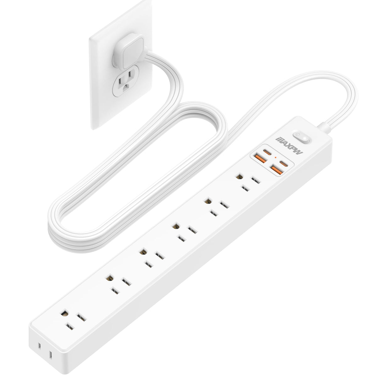 Maxpw 6ft power strip with flat plug for tight spaces