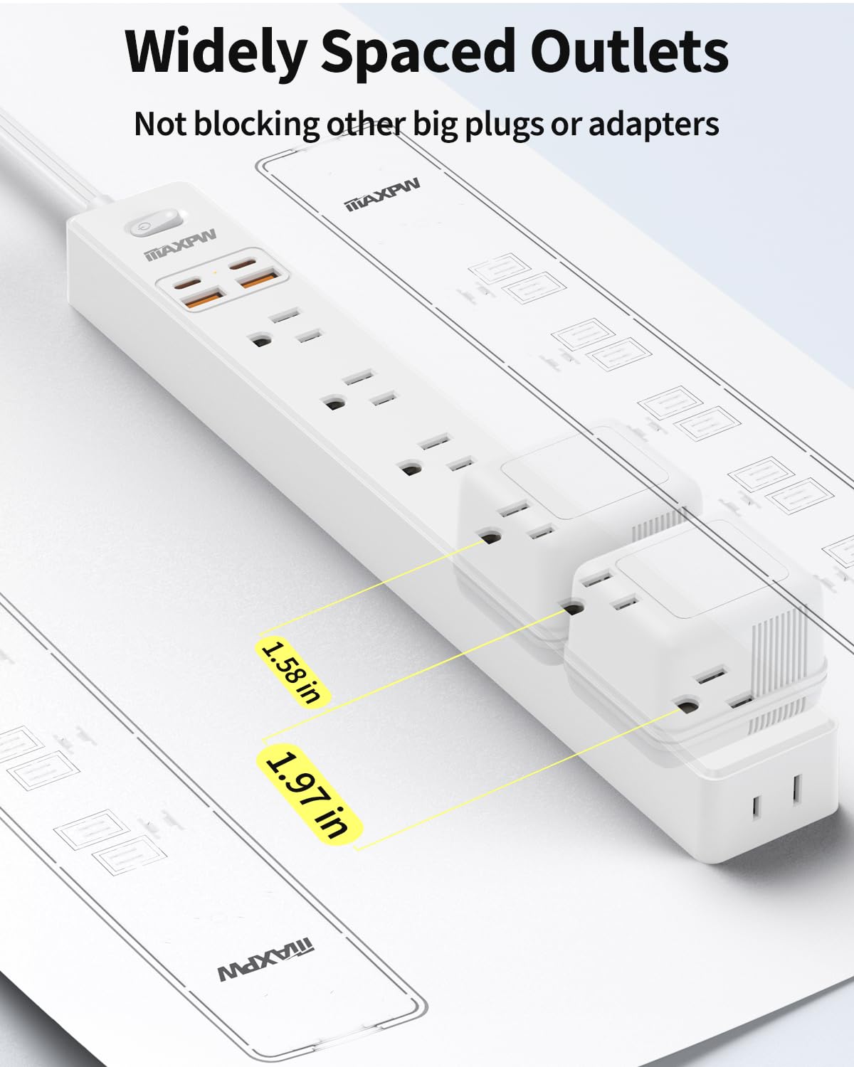 Maxpw 7 outlets and 4 USB ports with 2 Type-C for multiple devices
