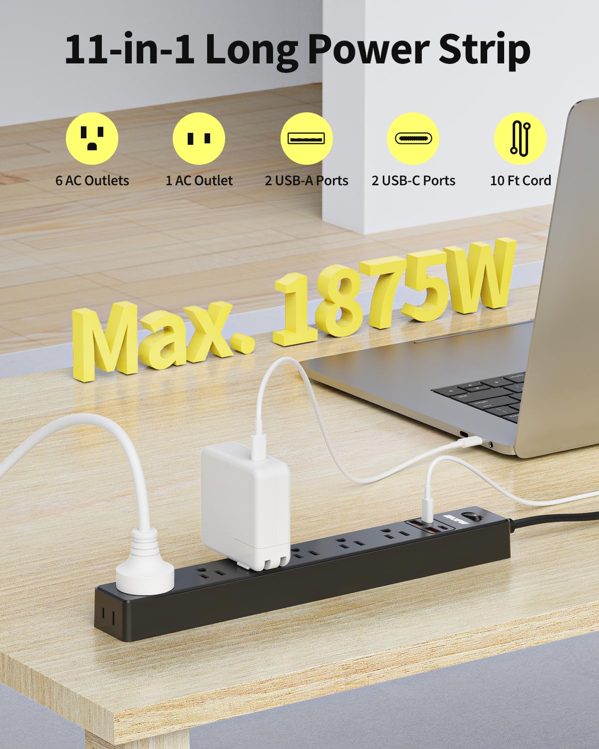 Maxpw flat-angled plug design keeps bottom outlets accessible and cords organized.