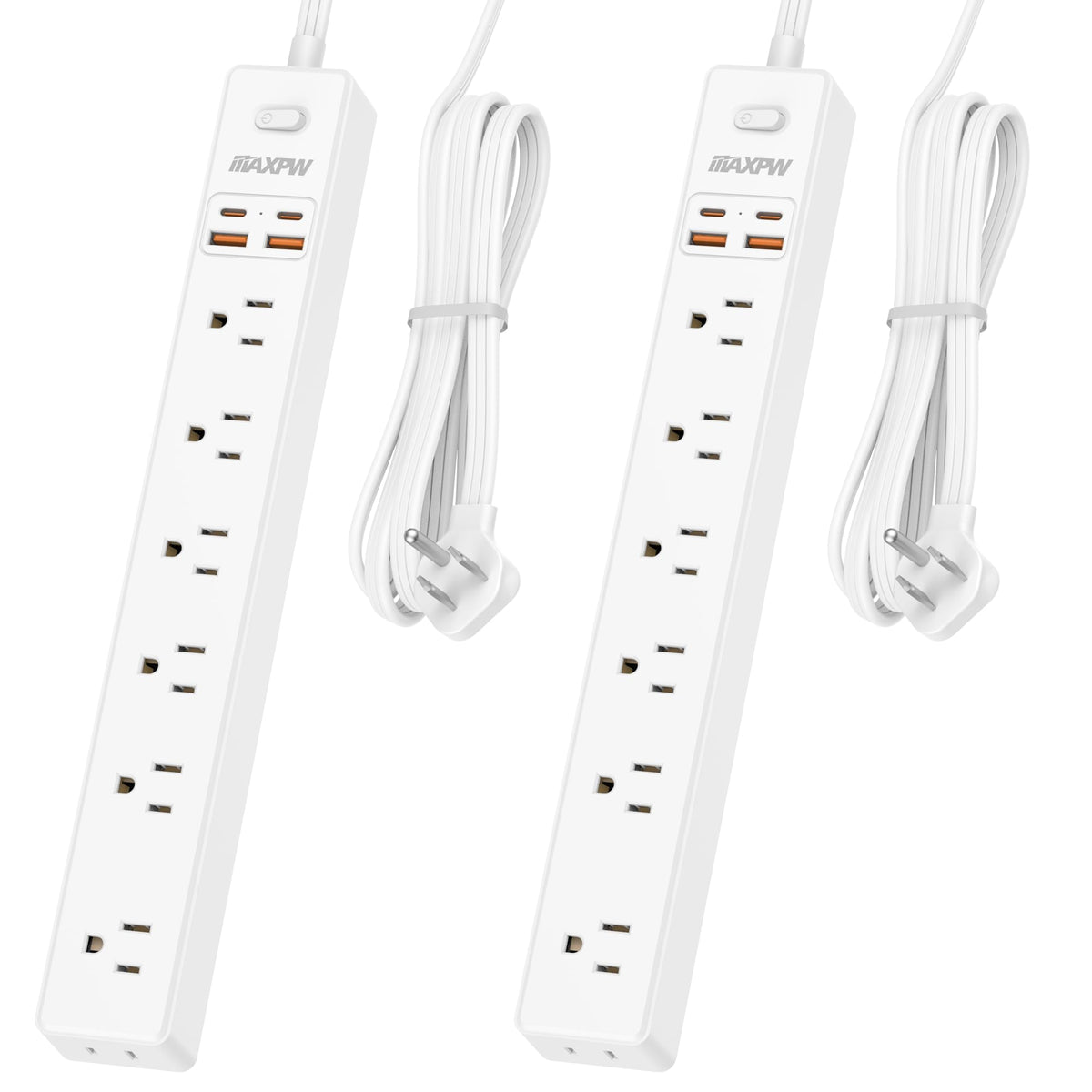 Maxpw front view showing two white power strips neatly organized and compact