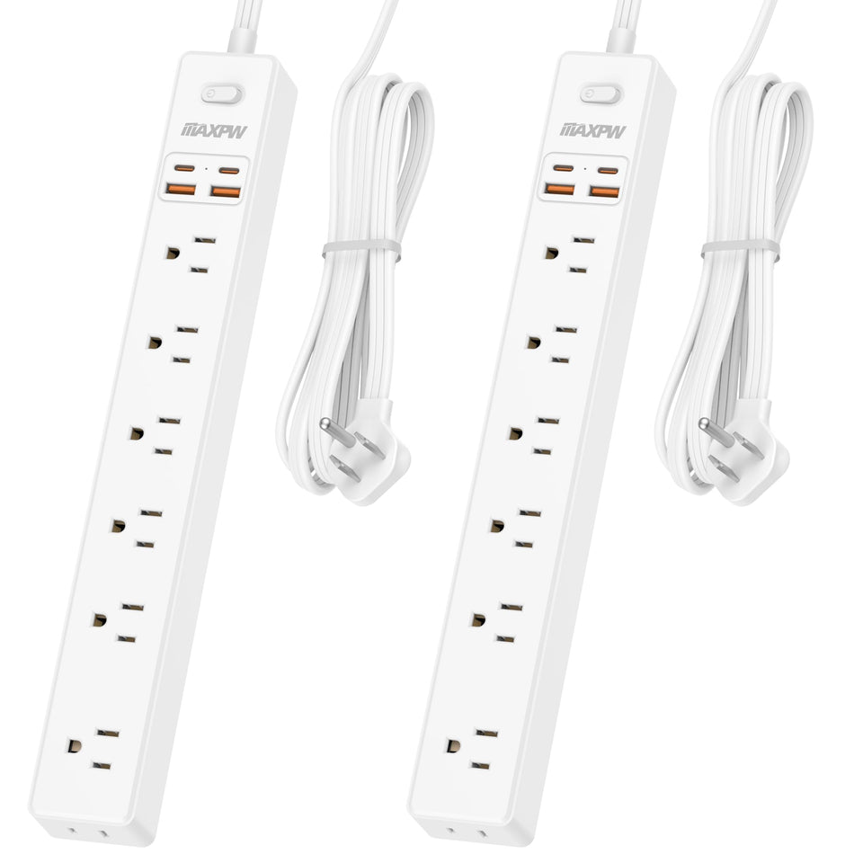 Maxpw front view showing two white power strips neatly organized and compact