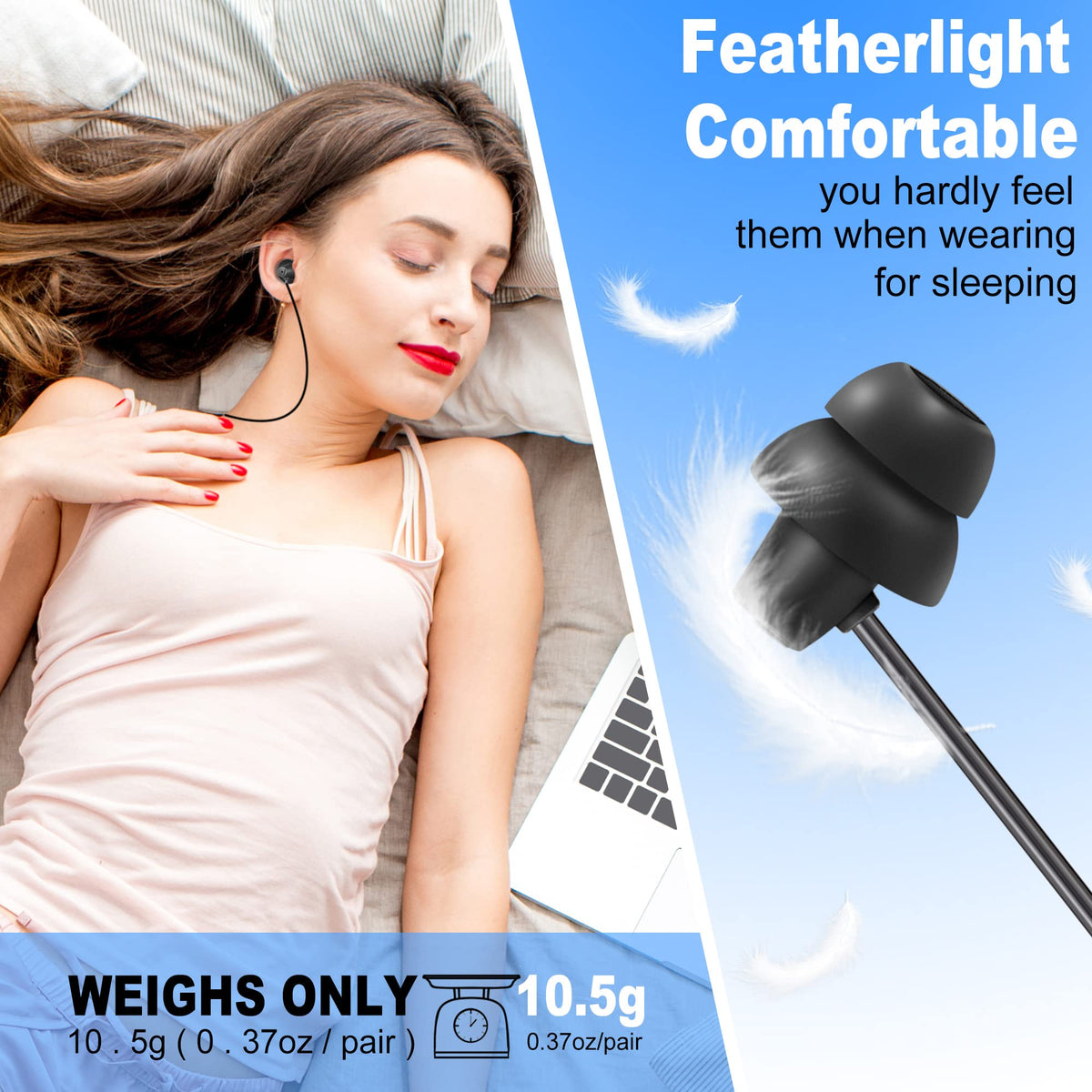 MAXROCK Sleep Headphones close-up of soft silicone eartips delivering a gentle seal.