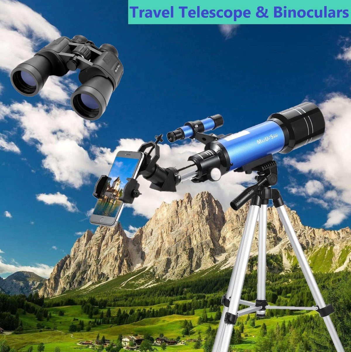 MaxUSee 10x50 binoculars front view highlighting wide field and clarity