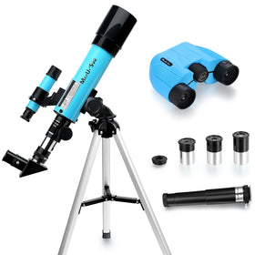 MaxUSee telescope front view showing optics and mount for clear starter astronomy