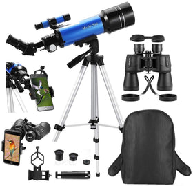MaxUSee telescope front view showing 70mm aperture and brighter details