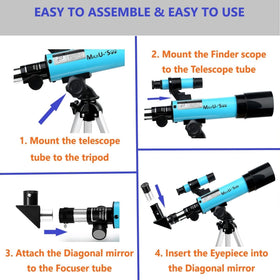 MaxUSee telescope in use under night sky showing easy setup and bright lunar views