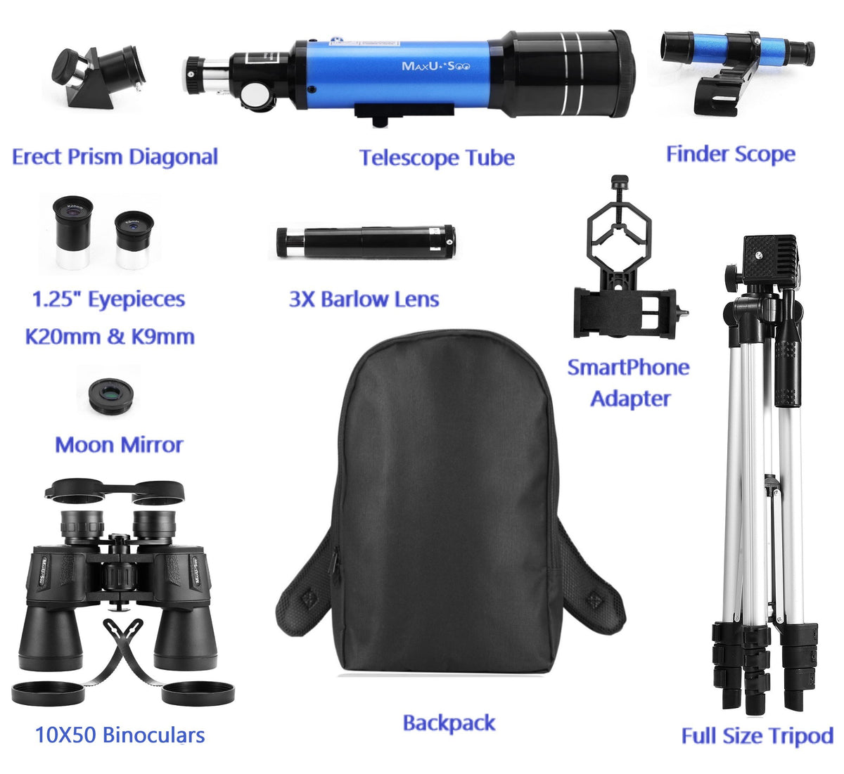 MaxUSee travel backpack packed with telescope and binoculars for protection