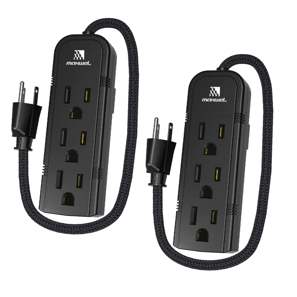 Maxwel Manufacturing front view showing three outlets and compact black housing for space saving