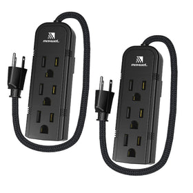 Maxwel Manufacturing front view showing three outlets and compact black housing for space saving