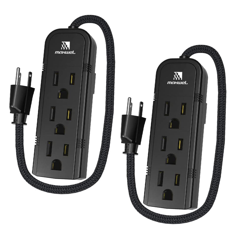 Maxwel Manufacturing front view showing three outlets and compact black housing for space saving