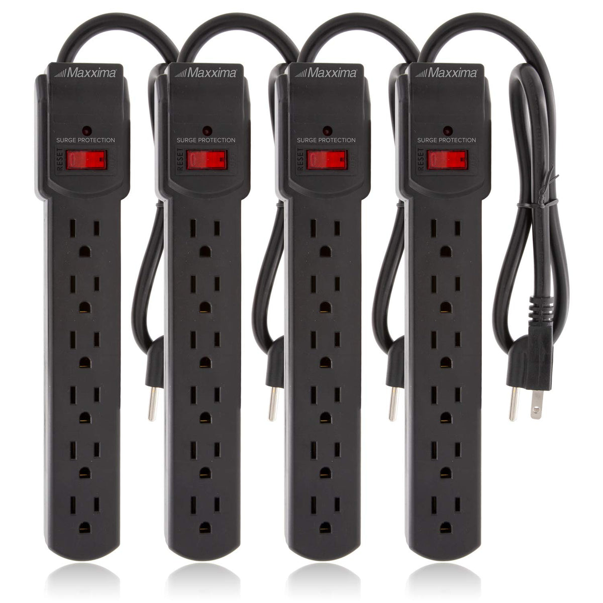 Maxxima front view of the 6-outlet power strip showing outlets and compact design for convenience
