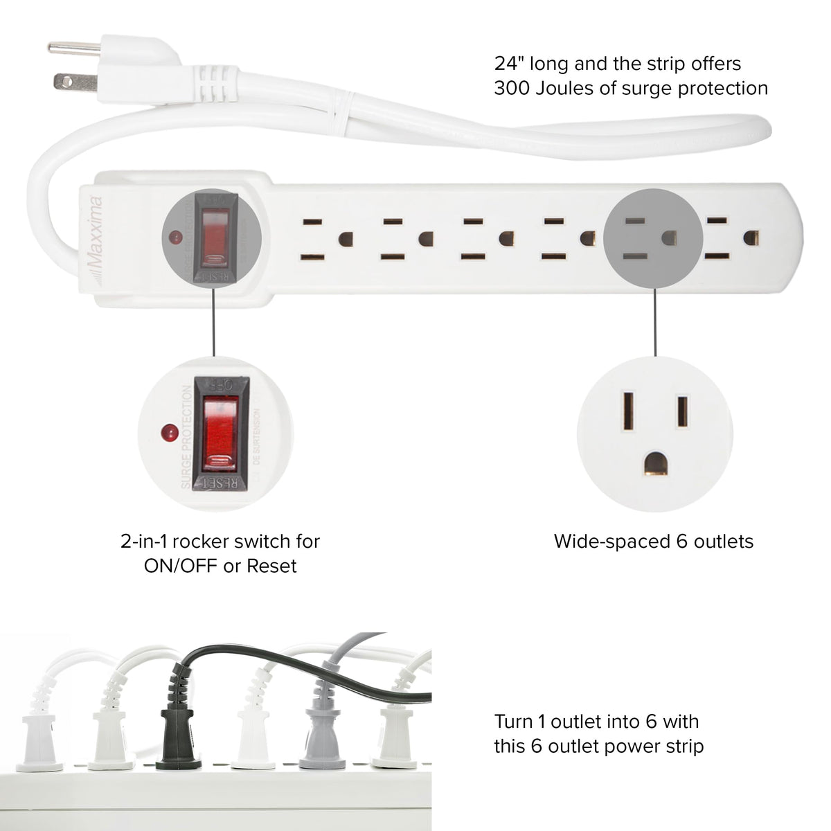 Maxxima power strip in a home office powering router and lamp for organized workspace