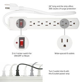 Maxxima power strip in a home office powering router and lamp for organized workspace