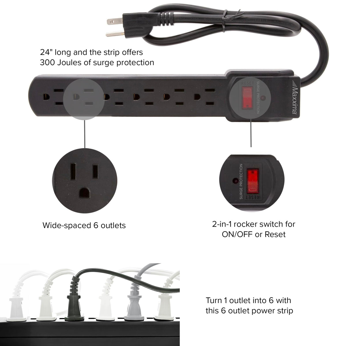 Maxxima strip powering laptop, phone charger, and lamp to illustrate simultaneous device use