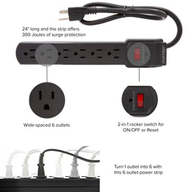 Maxxima strip powering laptop, phone charger, and lamp to illustrate simultaneous device use