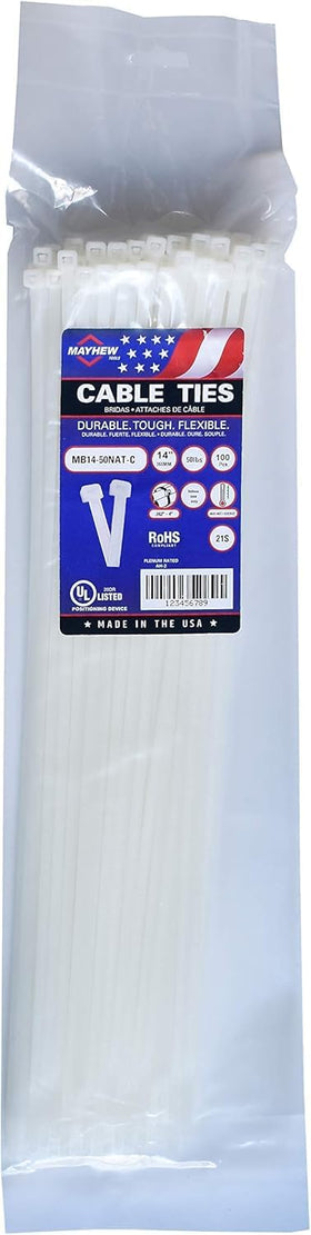 Mayhew cable tie beside ruler showing 14-inch length for planning