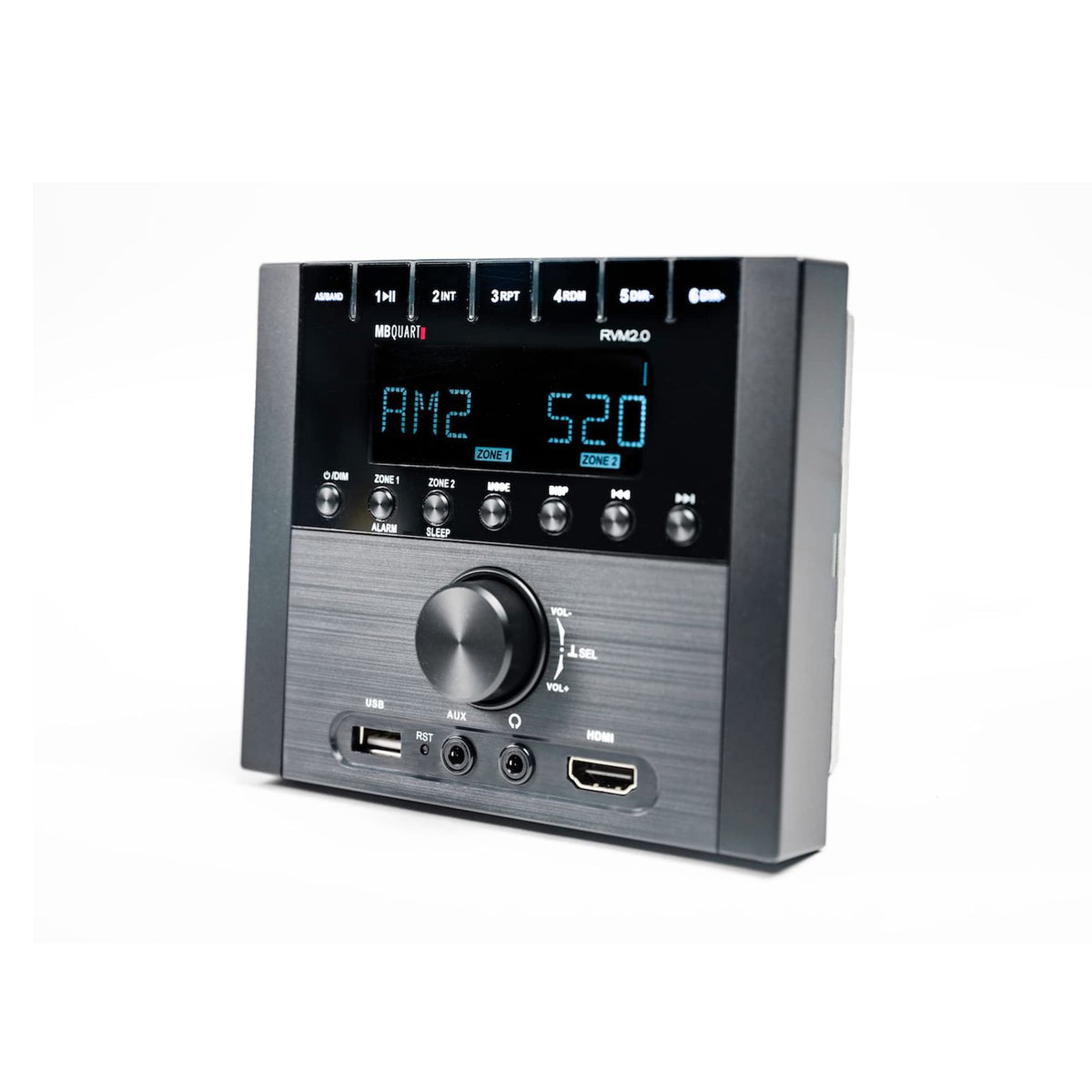 MB Quart RVM20 RV in-dash compact unit with a clear LCD screen for easy media control.