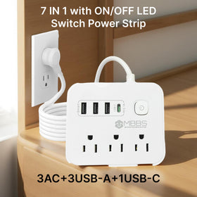 MBBS 7-in-1 power strip with USB-C for organized desk charging.