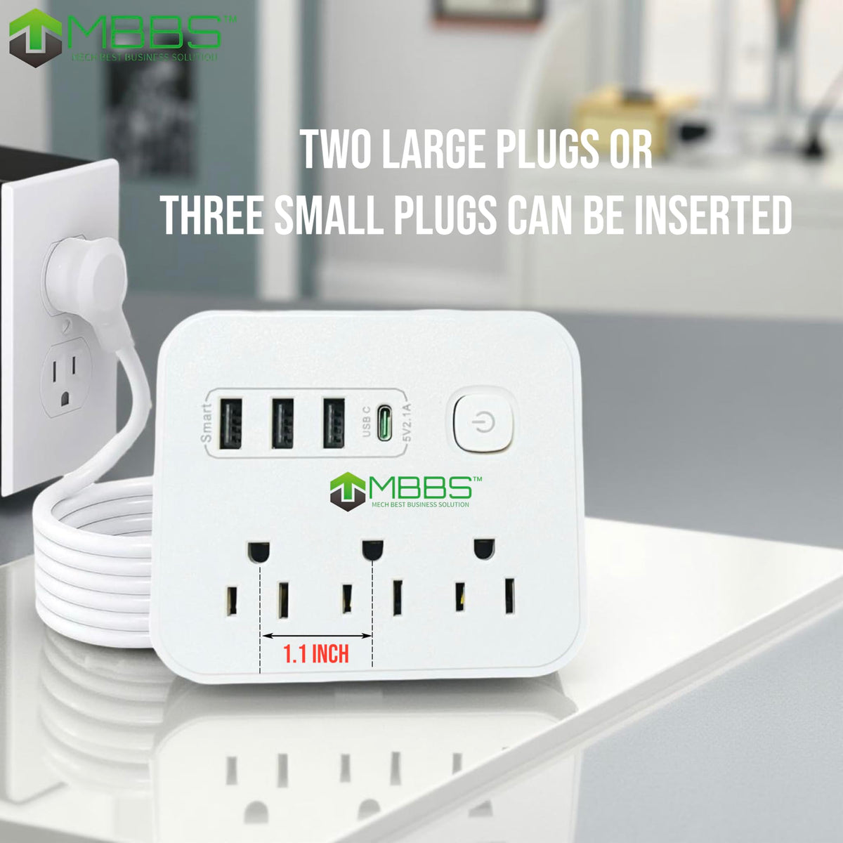 MBBS heavy-duty extension cord enables flexible placement in tight spaces.