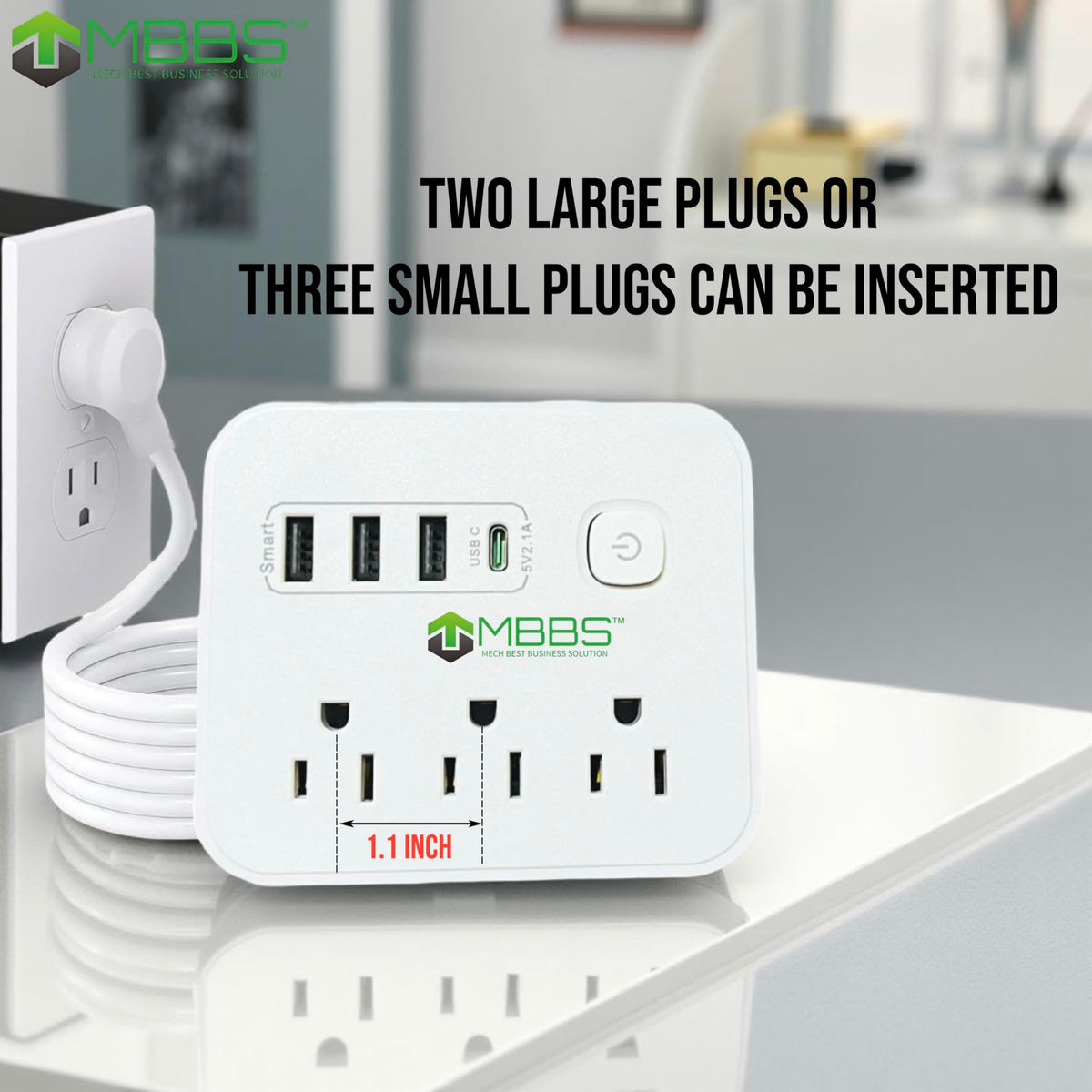 MBBS surge protector shows three AC outlets for multiple devices