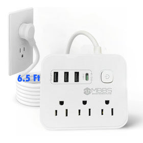 MBBS surge protector front view with 7-in-1 outlets for easy charging