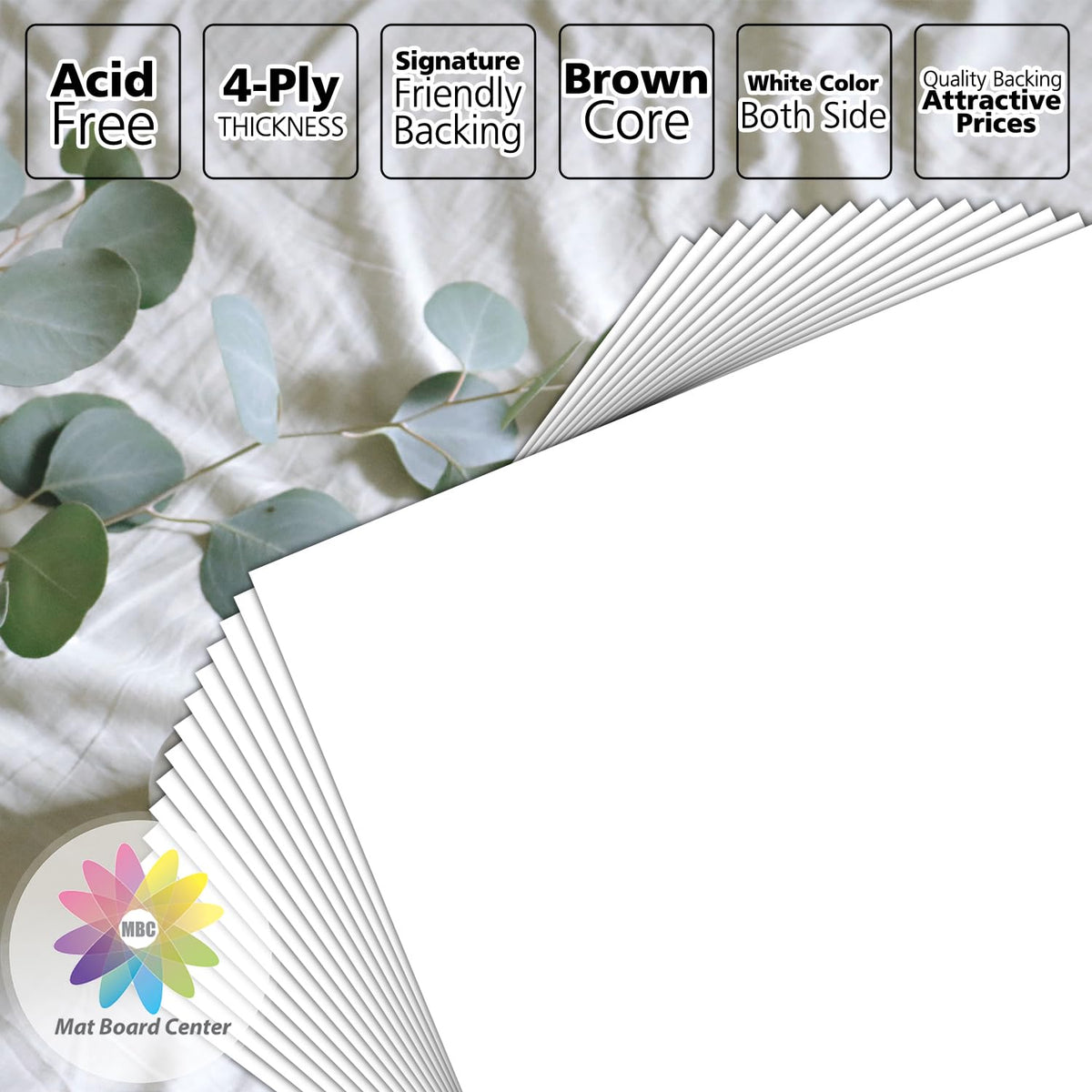 MBC White-on-white brown-core backer emphasizes clean presentation and durability.