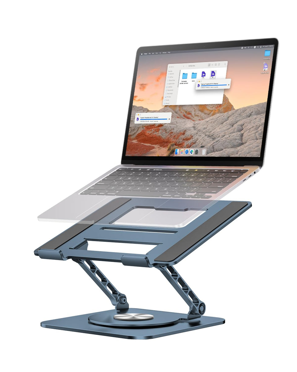 MCHOSE laptop stand front view showing stable navy riser and ergonomic lift benefit
