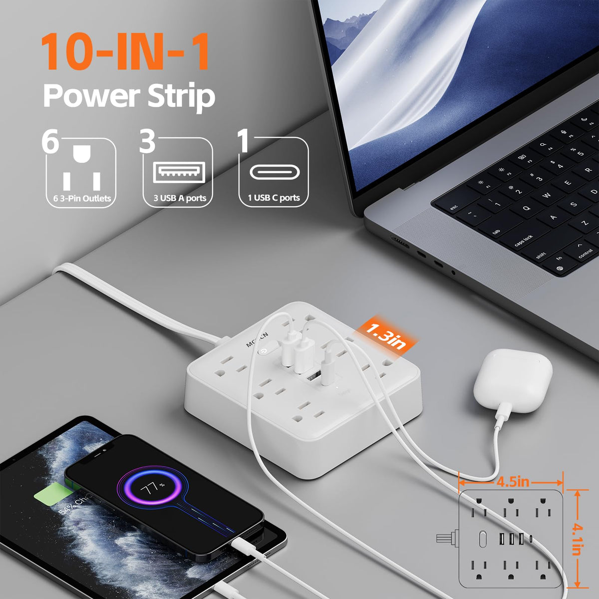 MCSCN 10ft flat extension cord reaches distant outlets.