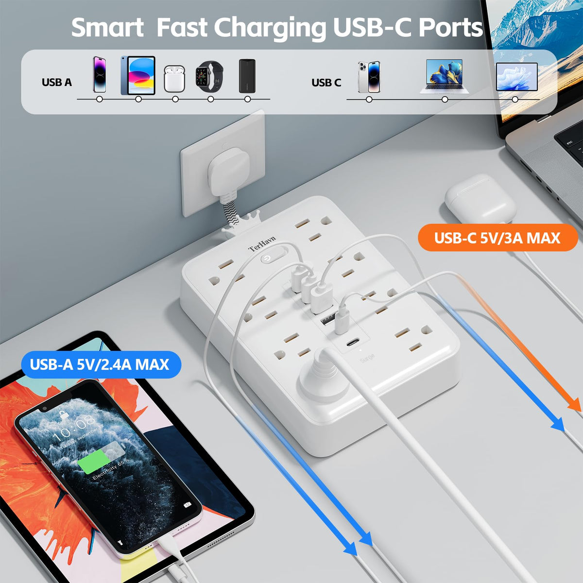 MCSCN 14-port power strip with eight outlets and six USB ports for organized charging