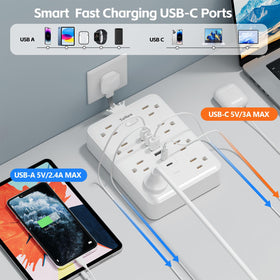 MCSCN 14-port power strip with eight outlets and six USB ports for organized charging