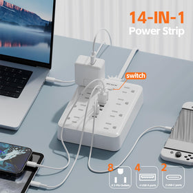 MCSCN unit shows eight outlets and six USB ports for multiple devices at once.