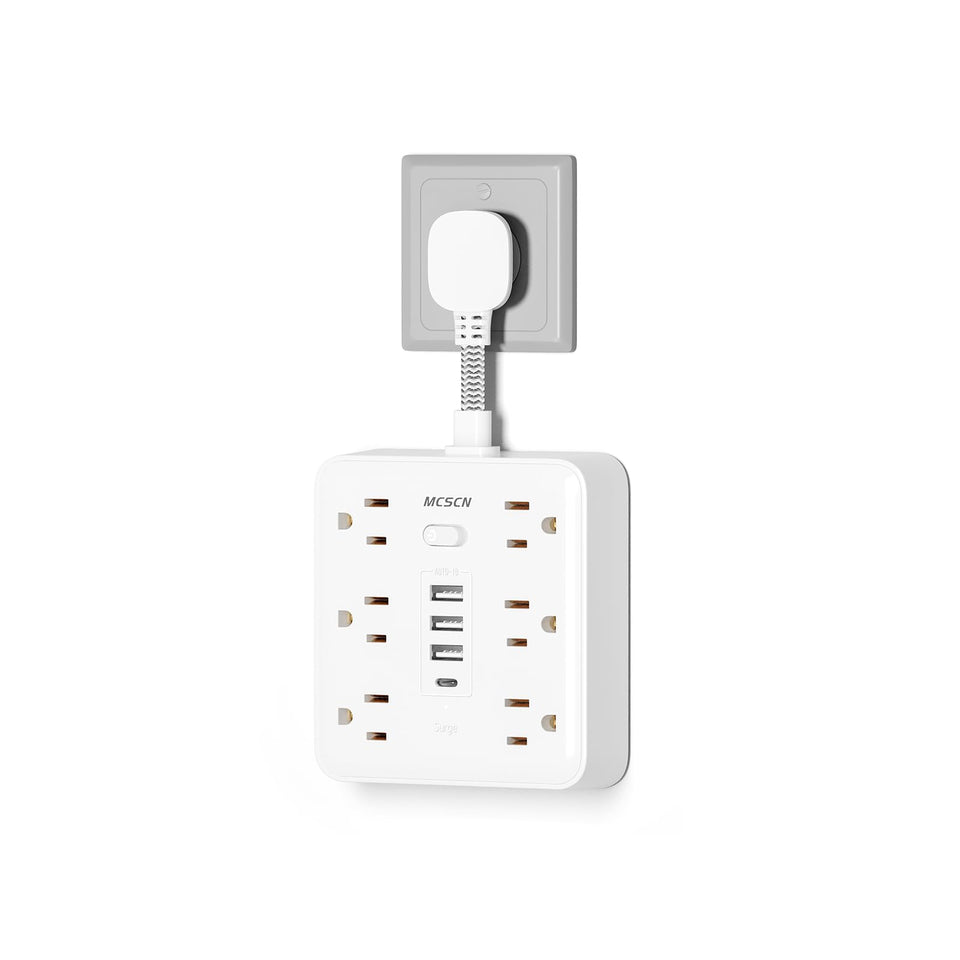 MCSCN front view showing six AC outlets and four USB ports for versatile charging