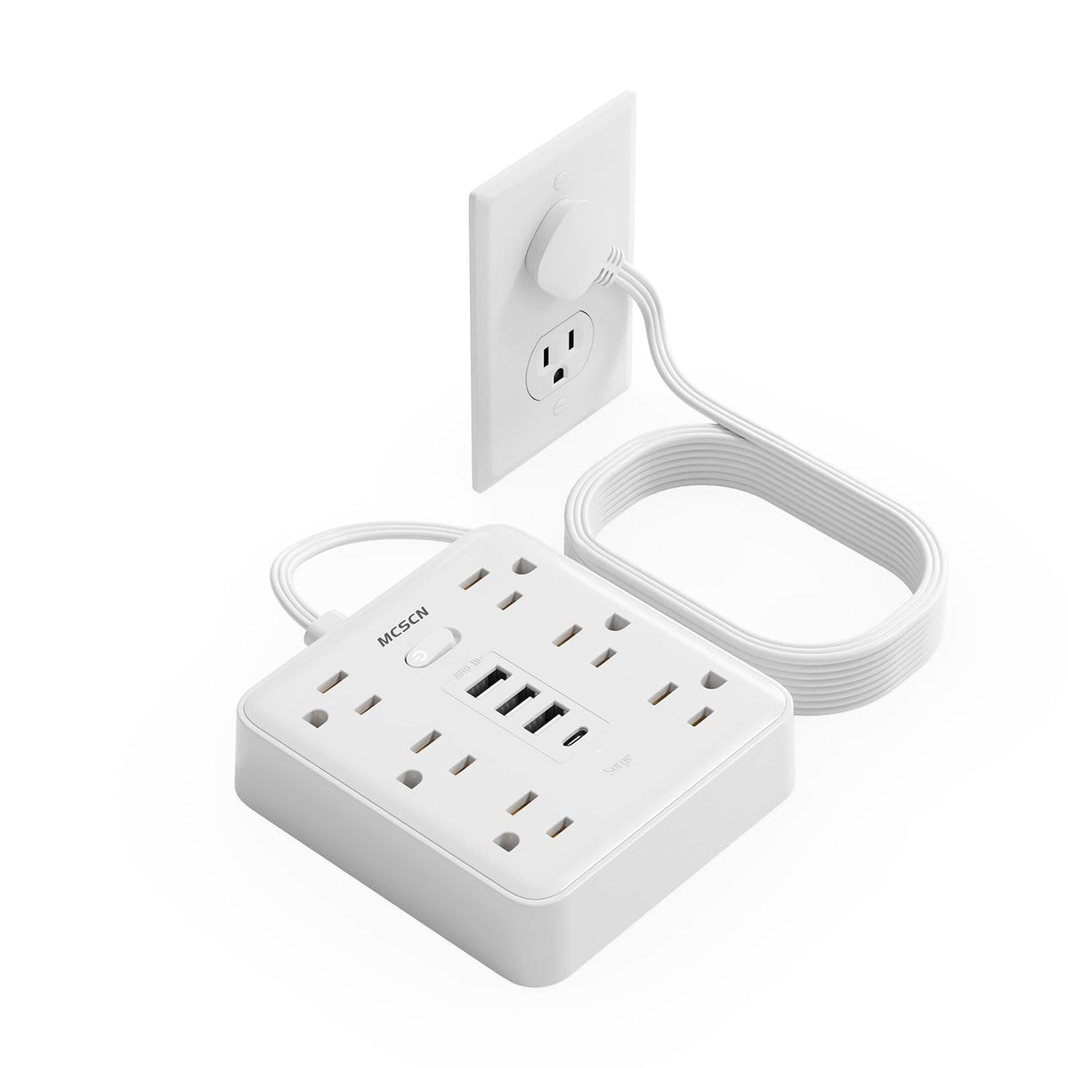 MCSCN surge protector with six outlets and four USB ports for multiple devices.