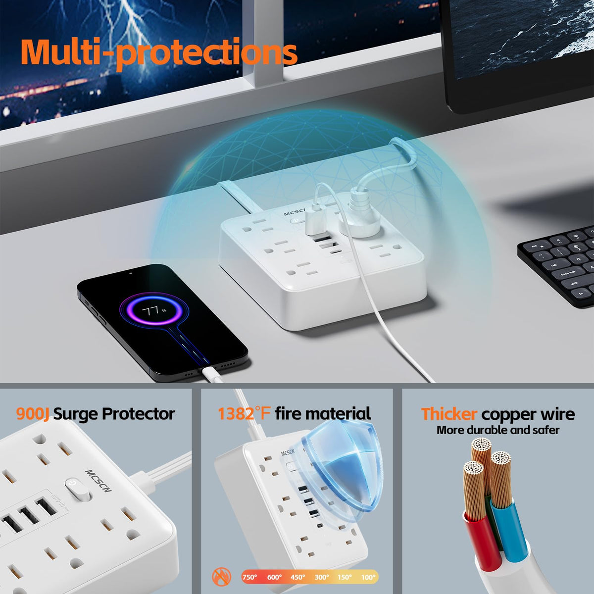 MCSCN ultra-thin flat plug enables slim placement behind furniture.