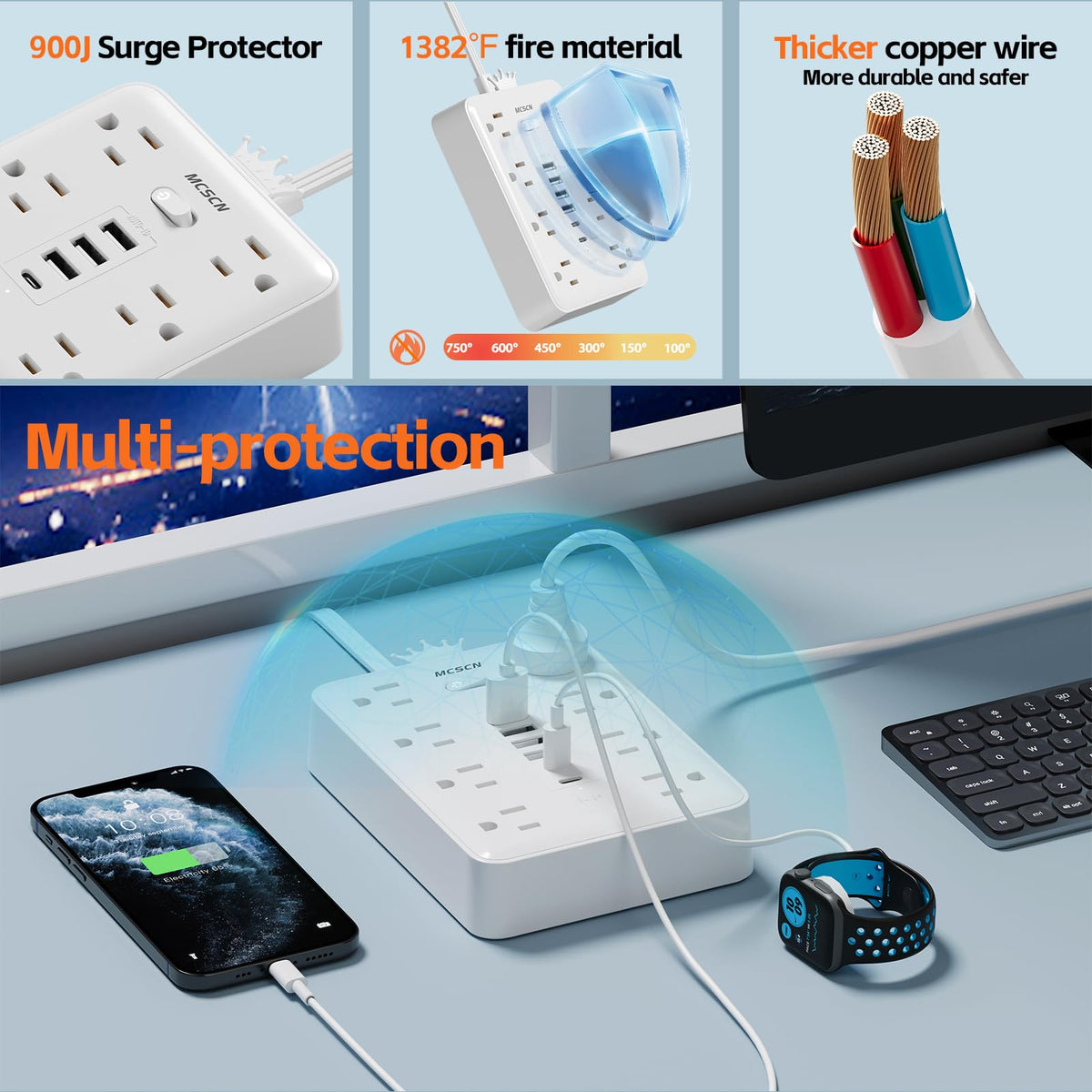 MCSCN USB-C ports provide fast charging for compatible devices.