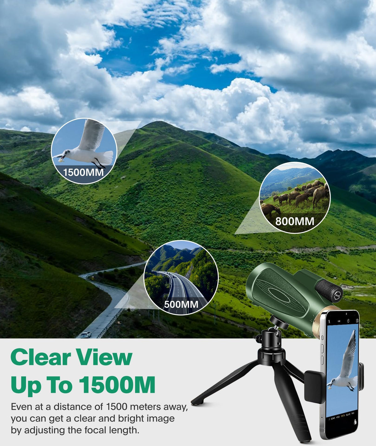 MD.LIFE monocular beside a hand illustrating compact size for travel