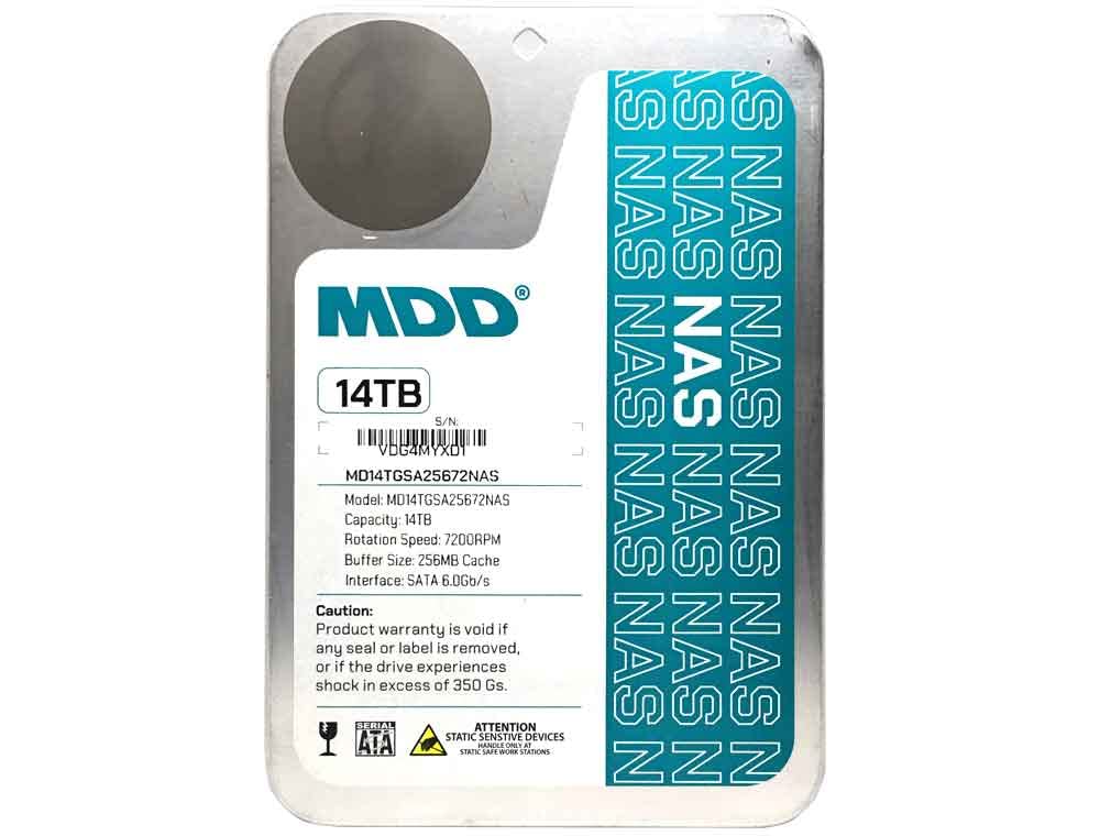 MDD 14TB NAS hard drive front view highlights high-capacity storage.
